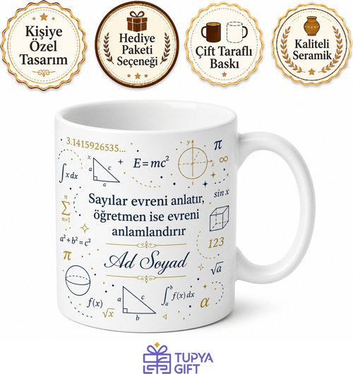 Kişiye Özel İsimli Matematik Öğretmeni Tasarımlı Sayılar Baskılı Kahve Kupası Hediye