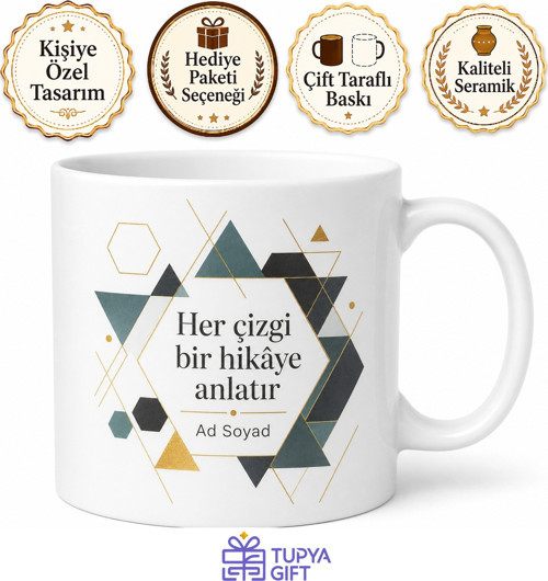 Geometrik Desenli İsim Yazılı Kupa Bardak Kişiye Özel Tasarım Hediye
