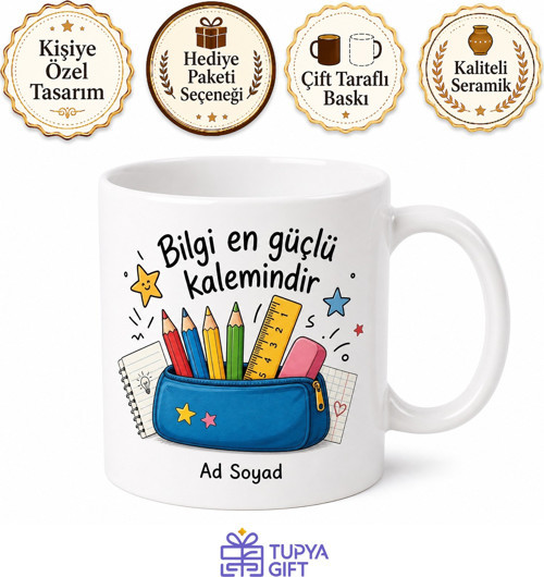 Kalem Kutusu Temalı Öğrenci Kupası Baskılı Kupa Bardak Hediye