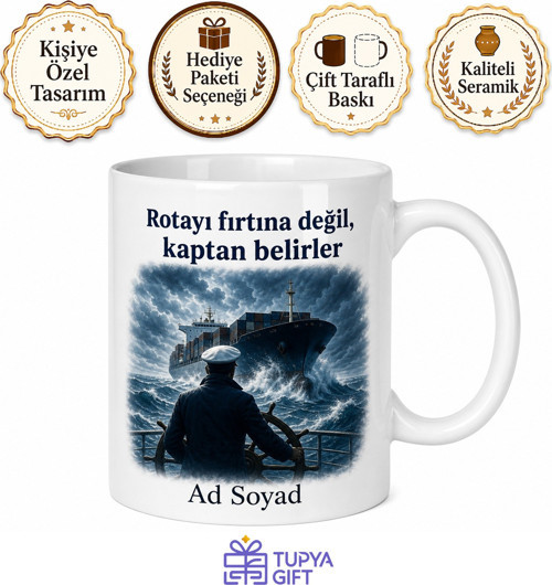 Gemi Kaptanı Fırtınada Yük Gemisi Yöneten Kaptan Temalı Baskılı Kupa Bardak Hediye