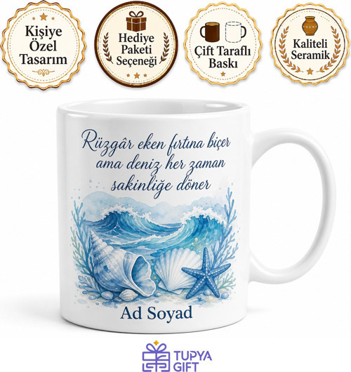 Deniz Temalı Mavi Tasarım Baskılı Kupa Bardak Hediye Porselen Mug