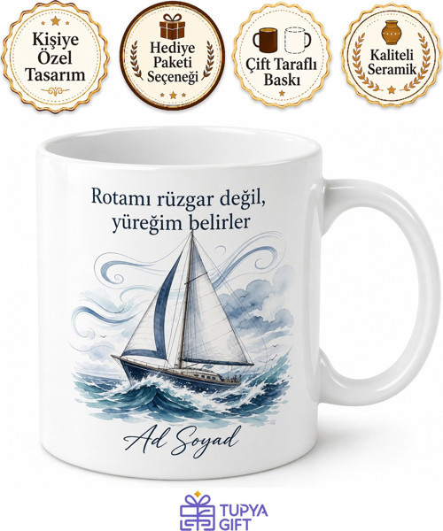 Yelkenli Gemi Rüzgar Çizimli Denizlere Açılan Özgür Kaptan Kupa Bardak Hediye