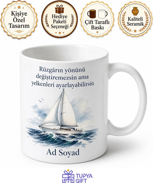İsimli Yelkenli Desenli Baskılı Kupa Bardak Denizci Hediye Porselen Mug