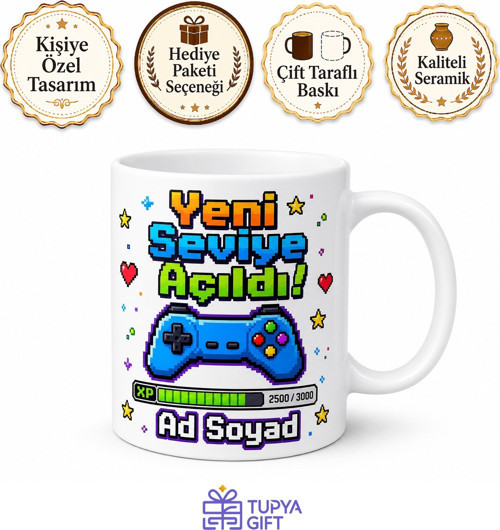 Level Up Yazılı Doğum Günü Baskılı Kupa Bardak Gamer Hediye