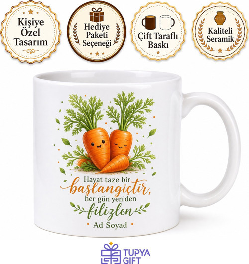 Havuç Temalı Baskılı Kupa Bardak Hediye Özel Tasarım Porselen Mug