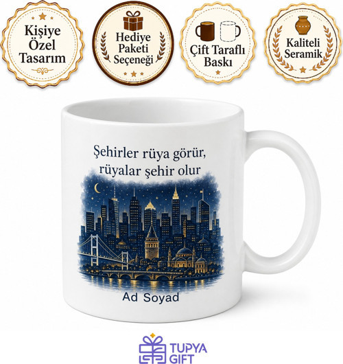 Şehir Rüyaları Temalı Kahve Kupası Özel Tasarım Baskılı Kupa Bardak Hediye