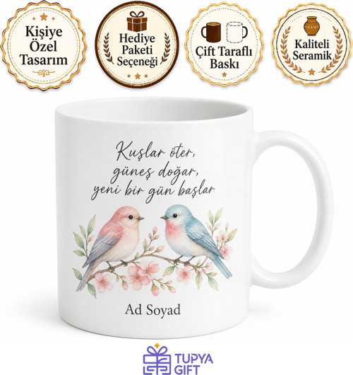 Kuş Sesiyle Uyananlara Neşeli Kuş Motifli Seramik Kupa Bardak Hediye