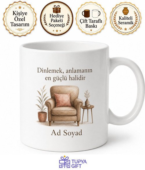 İsimli Koltuk Desenli Psikolog Kupası Özel Baskılı Hediye Bardak