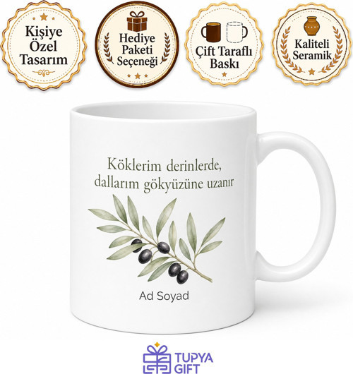 Zeytin Dalı Temalı Baskılı Kupa Bardak Hediye Porselen Özel Tasarım