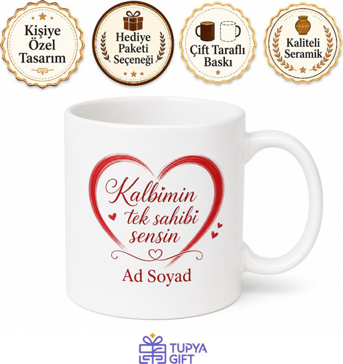 İsme Özel Kalbimin Sahibi Yazılı Kupa Bardak Sevgiliye Hediye