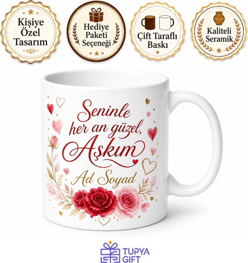 Aşkım Yazılı Kişiye Özel Baskılı Kupa Bardak Sevgiliye Hediye