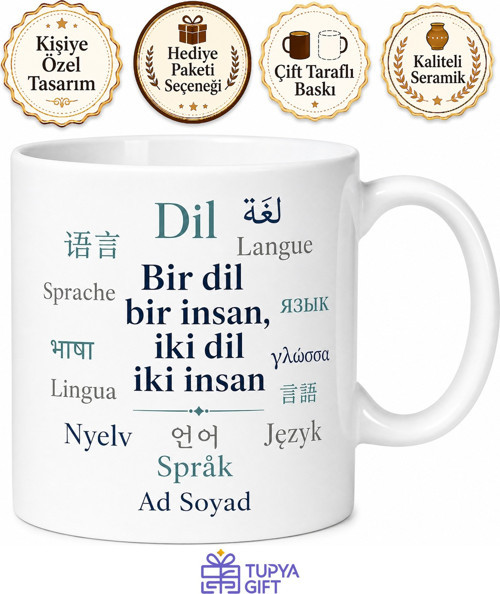 Polyglot Çok Dilli Yazılı Özel Tasarım Baskılı Porselen Kupa Bardak Hediye