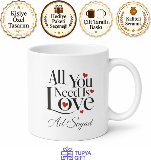 All You Need Is Love Baskılı Aşk Temalı İngilizce Kupa Bardak Hediye