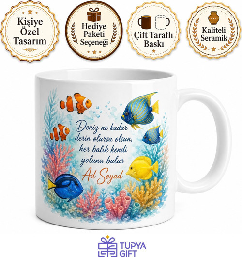Tropik Balık Desenli Baskılı Porselen Kupa Bardak Hediye Mug