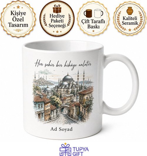 El Çizimi Şehir Temalı Kupa Bardak Özel Tasarım Hediye Porselen Mug