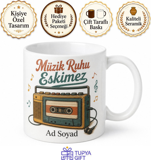 Kaset Çalar Çizimli Eski Şarkıları Seven Retro Ruhlara Kupa Bardak Hediye
