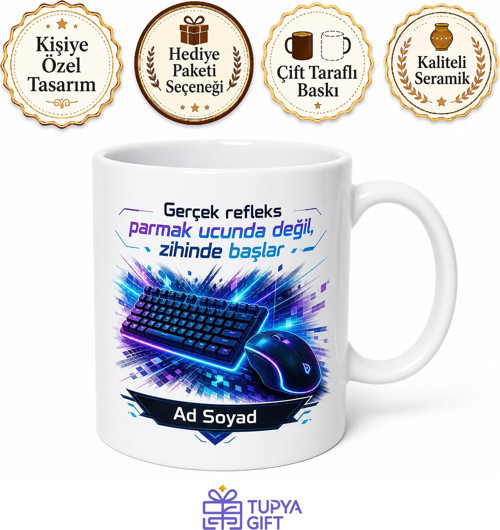 E-Spor Kupa Gamer Klavye Mouse Refleks Temalı Baskılı Kupa Bardak Hediye