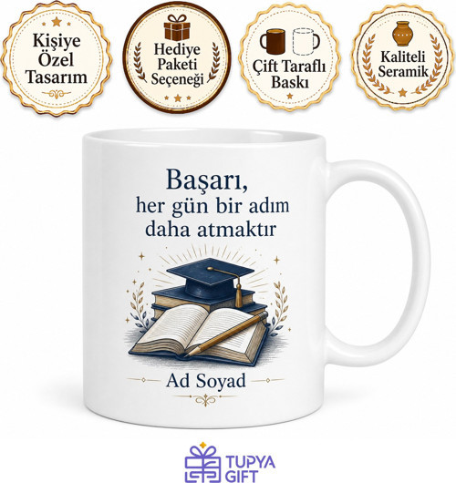 Çalışkan Öğrenci İçin Özel Tasarım Seramik Baskılı Kupa Bardak Ders Motivasyonu Hediyesi