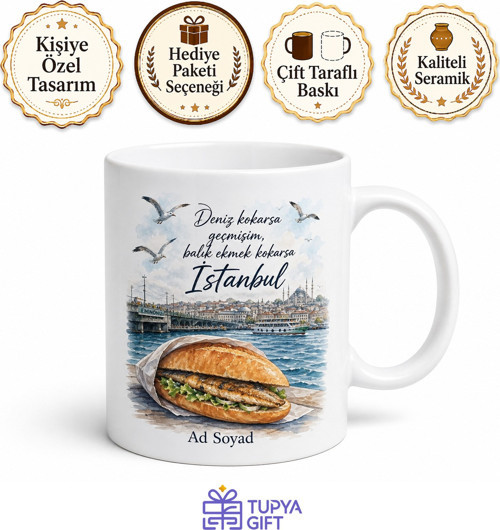 Balık Ekmek Temalı Baskılı Kupa Bardak Hediye Özel Tasarım Porselen Mug