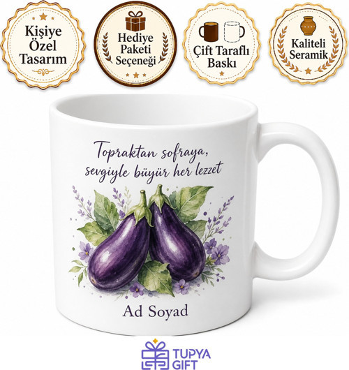 Patlıcan Temalı Baskılı Kupa Bardak Hediye Özel Tasarım Porselen Mug