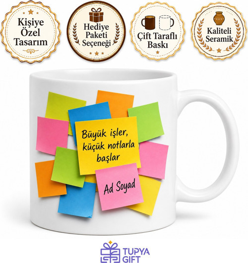 İsimli Post-it Desenli Ofis Kupası Kişiye Özel Baskılı Hediye Bardak