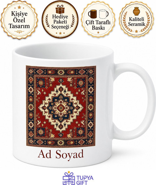 Uşak Halı Motifli Baskılı Kupa Bardak - Geleneksel Desen Hediye Kupa