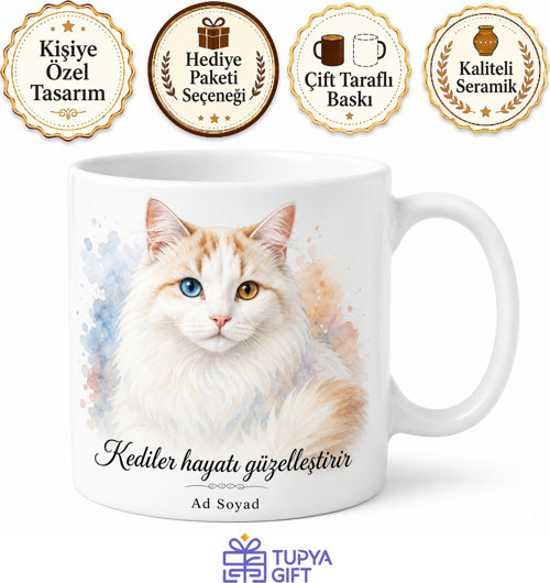 İsme Özel Van Kedisi Desenli Kupa Bardak Kedi Severler İçin Hediye