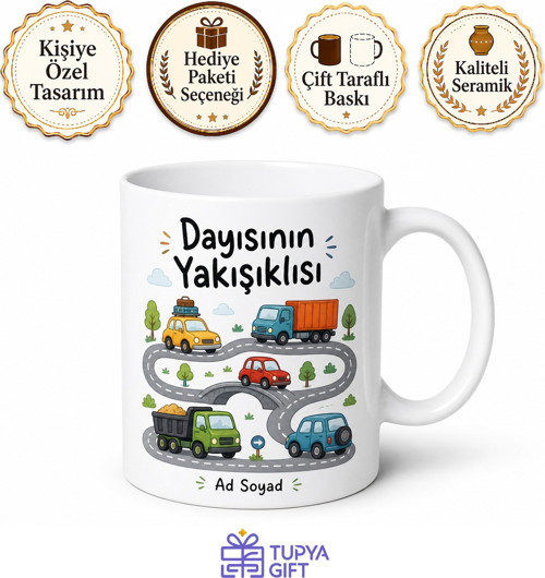 Dayısının Yakışıklısına Arabalar ve Yollar Çizimli Şirin Kupa Bardak Hediye