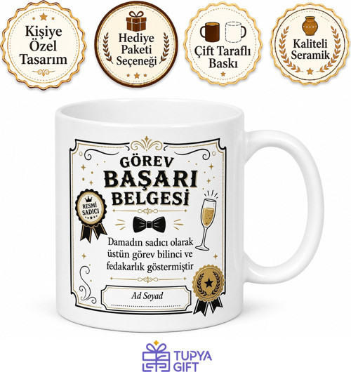 Damadın Sadıcına Esprili Görev Başarı Belgesi Baskılı Kupa Bardak Hediye