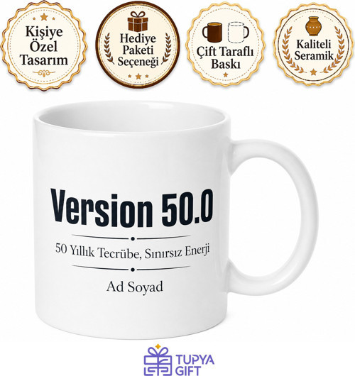Version 50.0 Yazılı 50 Yaş Doğum Günü Kupa Bardak Hediye