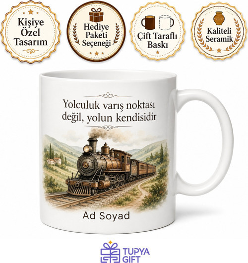 İsimli Tren Desenli Baskılı Kupa Bardak Hediye Özel Tasarım Porselen