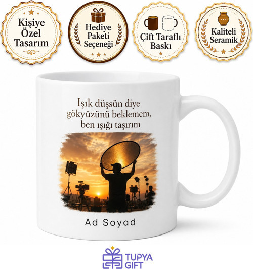 Işık Asistanı Reflektör Tutan Çekim Ekibi Gün Batımı Işığı Kupa Bardak Hediye