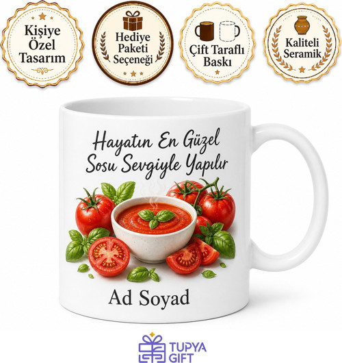 Domates Yemeği Çorbası Sosu Yaz Lezzeti Temalı Baskılı Porselen Kupa Bardak Hediye