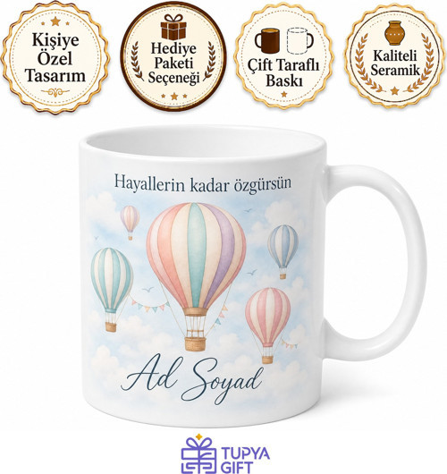 Hava Balonu Temalı Baskılı Kupa Bardak Porselen Hediye Mug