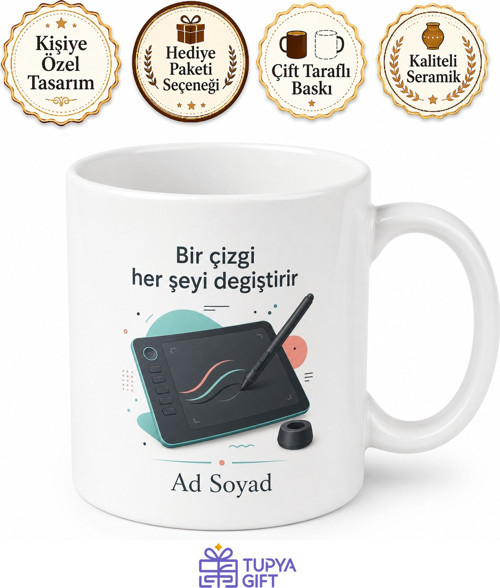 Grafiker Hediye Dijital Çizim Tablet Kalem Tasarımlı Kupa Bardak Grafik Tasarımcı
