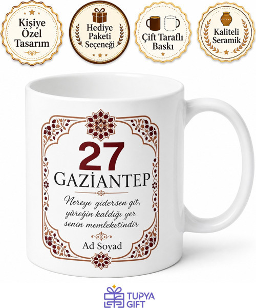 Gaziantep 27 Plaka Kodlu Kişiye Özel Baskılı Kupa Bardak Hediye