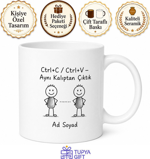 Kopyala Yapıştır Çizimli İkiz Kardeşlere Esprili Takım Kupa Seti Hediye