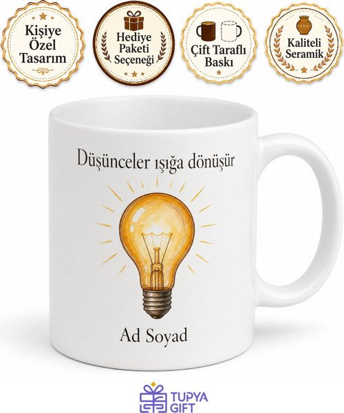 İsimli Ampul Desenli Kişiye Özel Baskılı Porselen Kupa Bardak Hediye