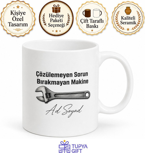 İngiliz Anahtarı Çizimli Çözülemeyen Sorun Bırakmayan Makine Kupa Bardak Hediye
