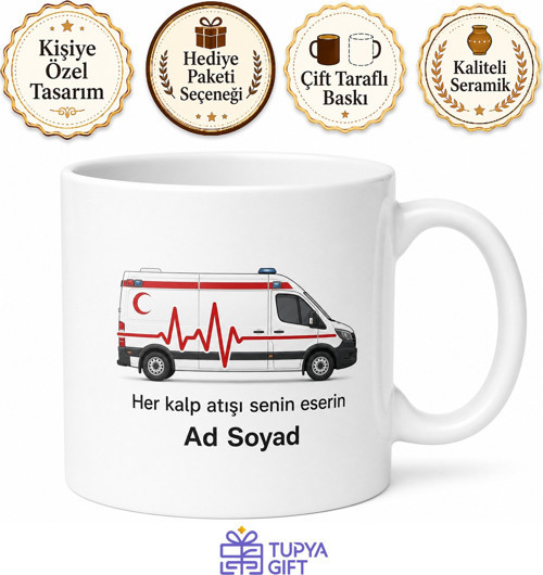 Paramediğe Hediye Ambulans ve Kalp Atışı Temalı Kupa Bardak Özel Tasarım