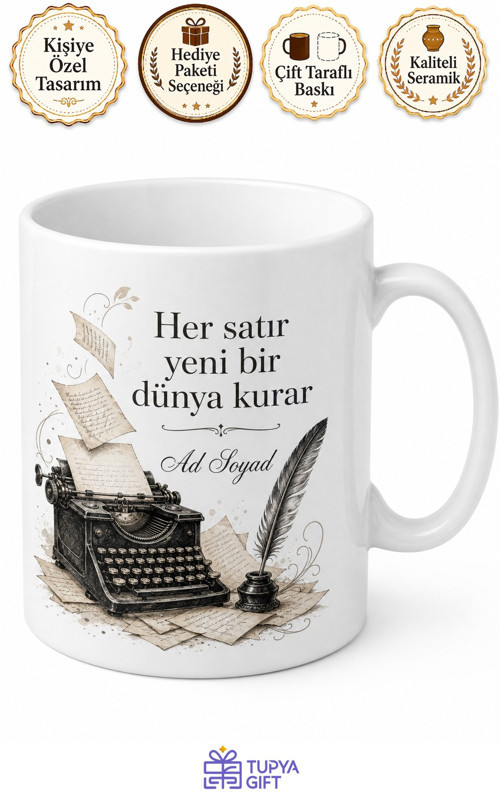 Yazar Edebiyat Kupası Daktilo Kitap Sayfası Kalem Yazarın Dünyası Hediye Bardak