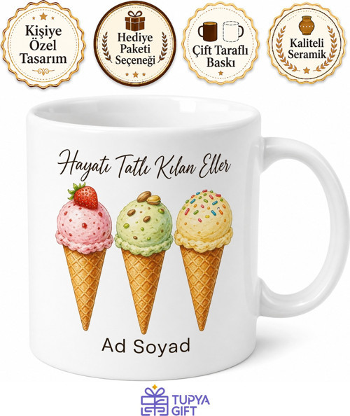 İsimli Dondurma Külahı Desenli Dondurmacı Kupası Hediye Bardak Özel Tasarım