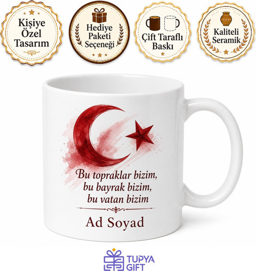 Türkiye Vatan Bayrak Ay Yıldız Baskılı Porselen Kupa Bardak Memleket Hediye