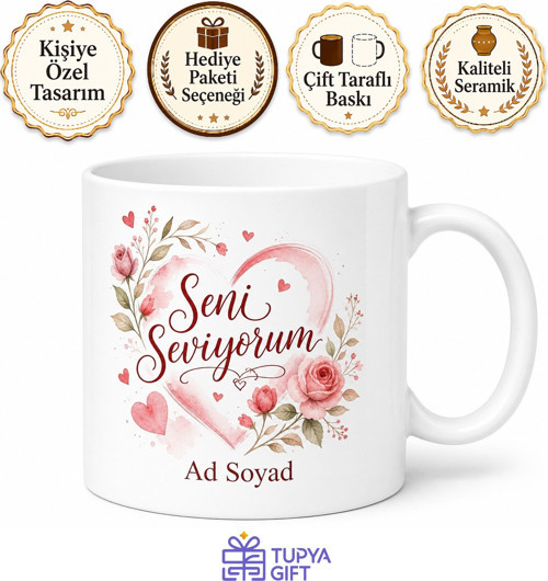 İsimli Seni Seviyorum Yazılı Kupa Bardak Sevgiliye Özel Tasarım Hediye