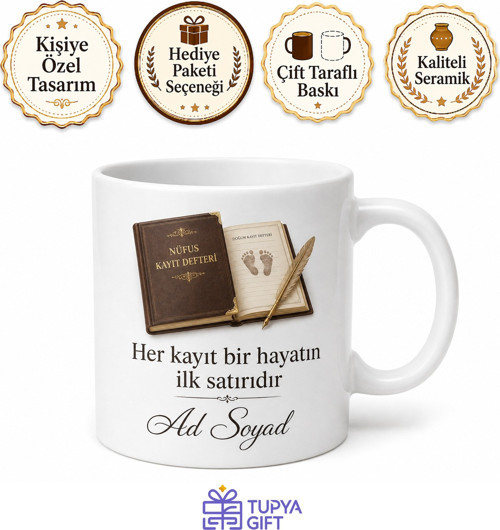 Nüfus Memuruna Hediye Yeni Doğan Kaydı Aile Kütüğü Evrak İşi Baskılı Kupa Bardak