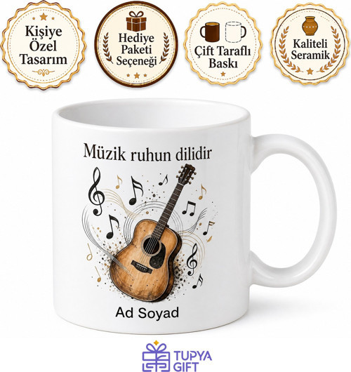 Gitar Çizimli Akustik Müzik Sevenlere Ritim Temalı Kupa Bardak Hediye