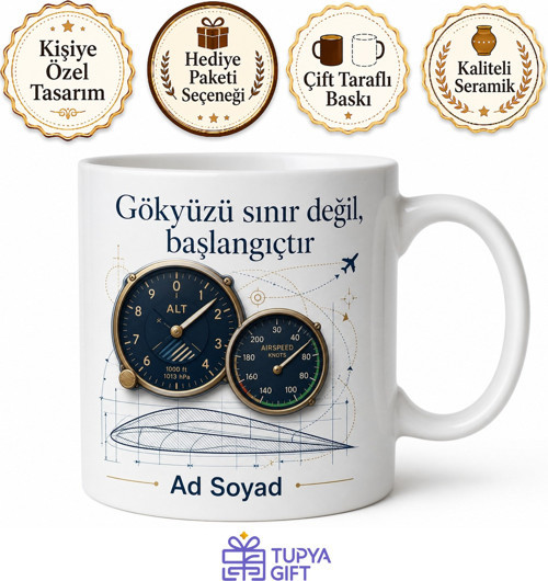 Havacılık Temalı Kokpit Göstergeleri Uçuş Rotası Gökyüzü Macerası Baskılı Porselen Kupa Bardak Hediye