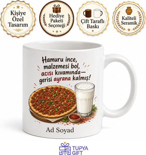Lahmacuncu Temalı Acılı Lahmacun Ayran Baskılı Porselen Kupa Bardak Hediye