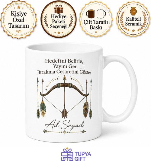 Ok ve Yay Temalı Baskılı Kupa Bardak Okçuluk Hediye Porselen Mug