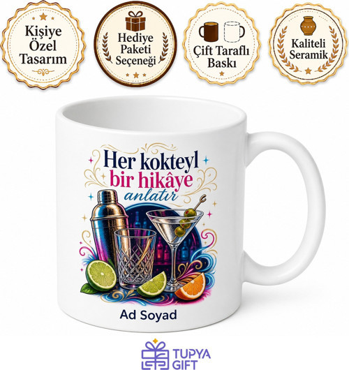 Barmen Kokteyl Gece Hayatı Temalı Baskılı Kupa Bardak Eğlenceli Hediye